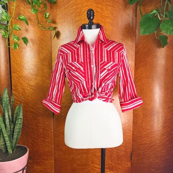 LAMASINI METALLIC STRIPED Red Western Blouse S - Picture 1 of 10